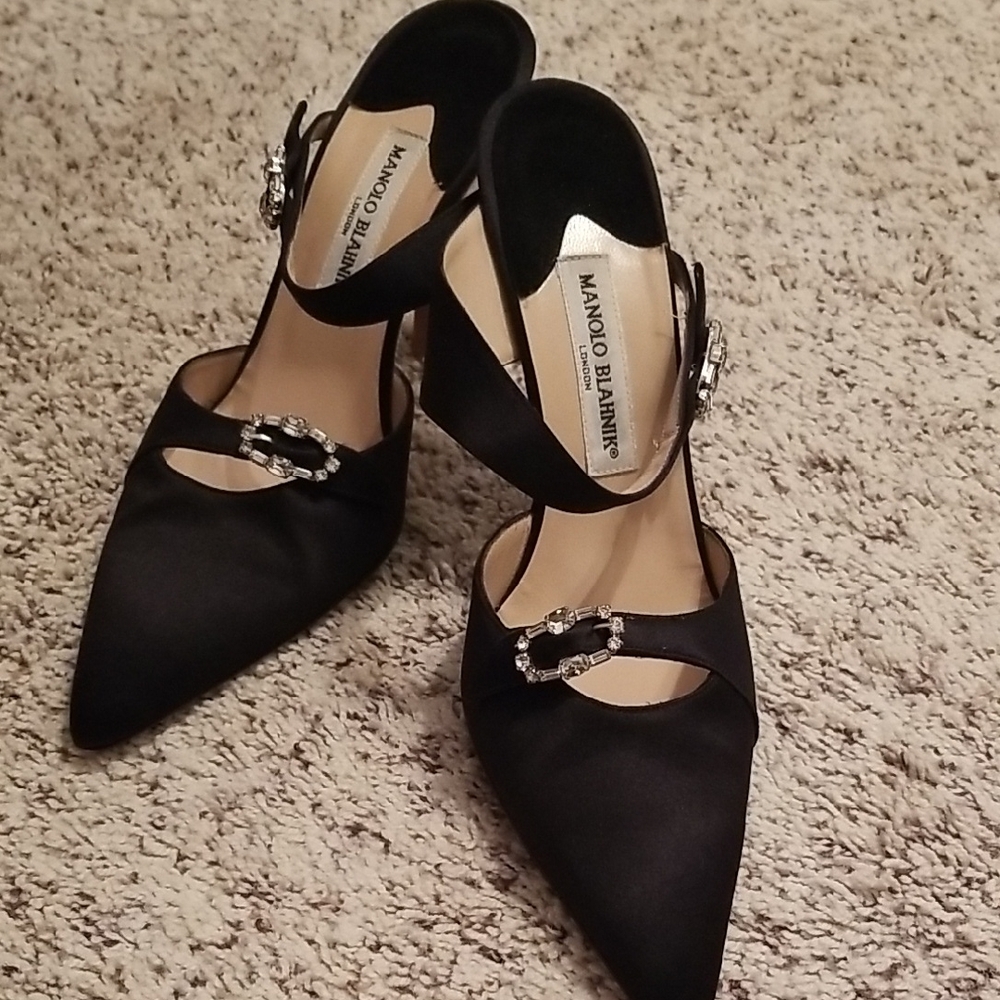 Manolo Blahnik Black Satin Heels with Embellished Buckle,size 40 1/2